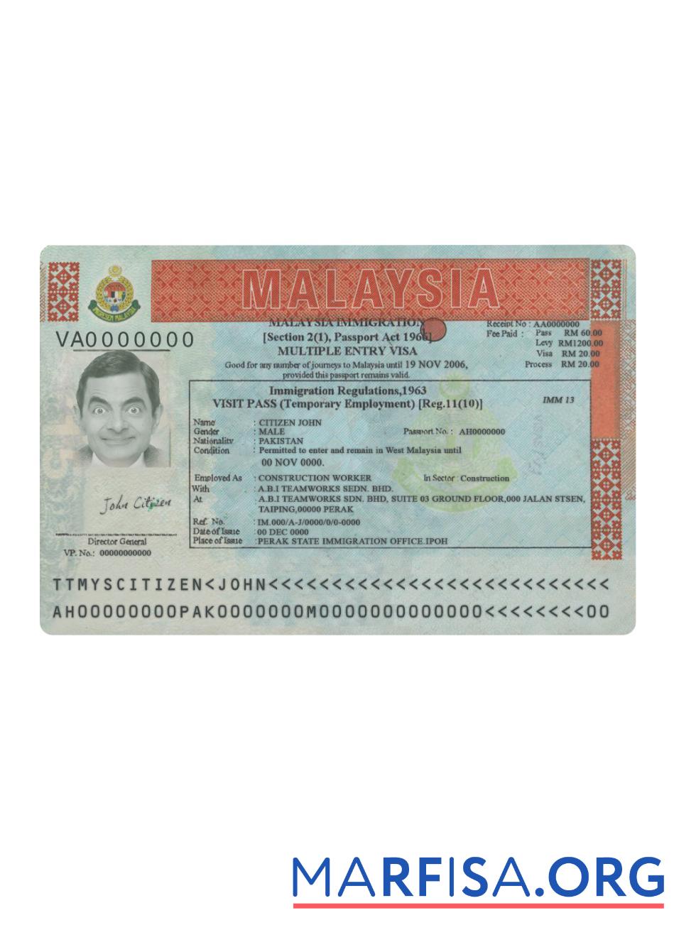 Printable Malaysia multiple entry visa version 2 sample